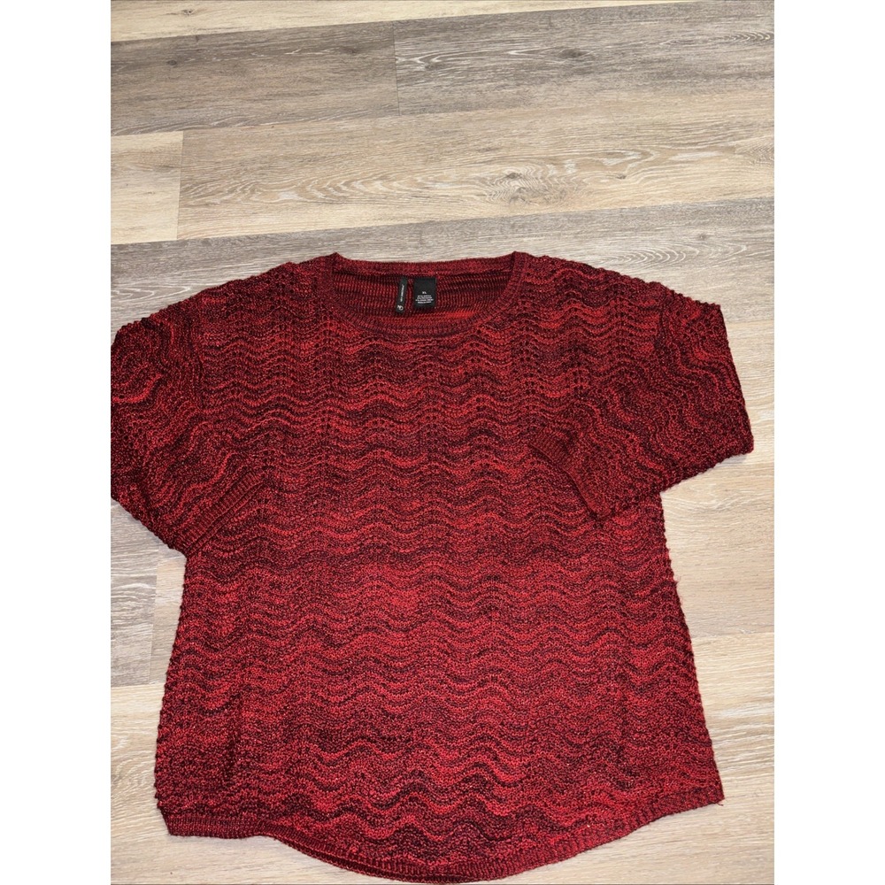 New Directions Sweater XL Womens Red Black Cozy Metallic Scoop Neck Open Knit